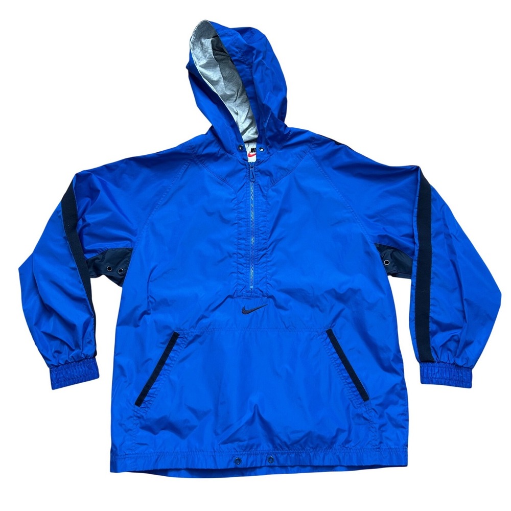VTG‎ 90s center check nike windbreaker pullover 1/2 zip hooded jacket blue L